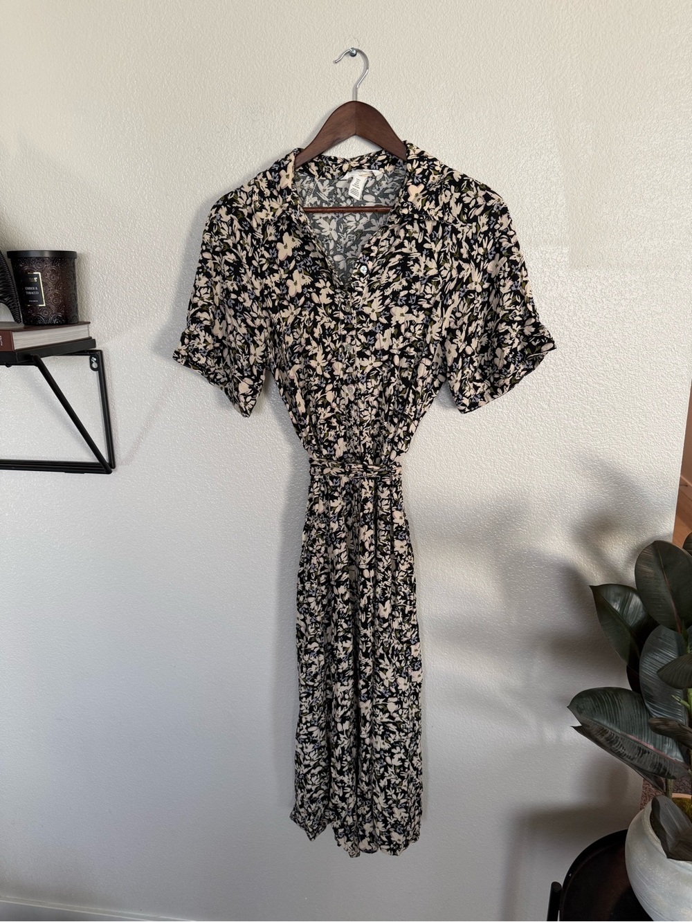 H&M Black Floral Tie-Waist Midi Dress with Cream Accents
